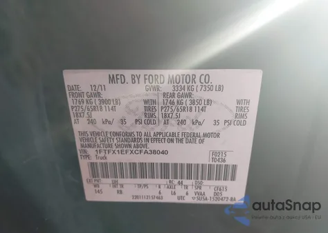 2012 Ford F-150 Fx4 z USA, uszkodzony, nr VIN 1FTFX1EFXCFA38040